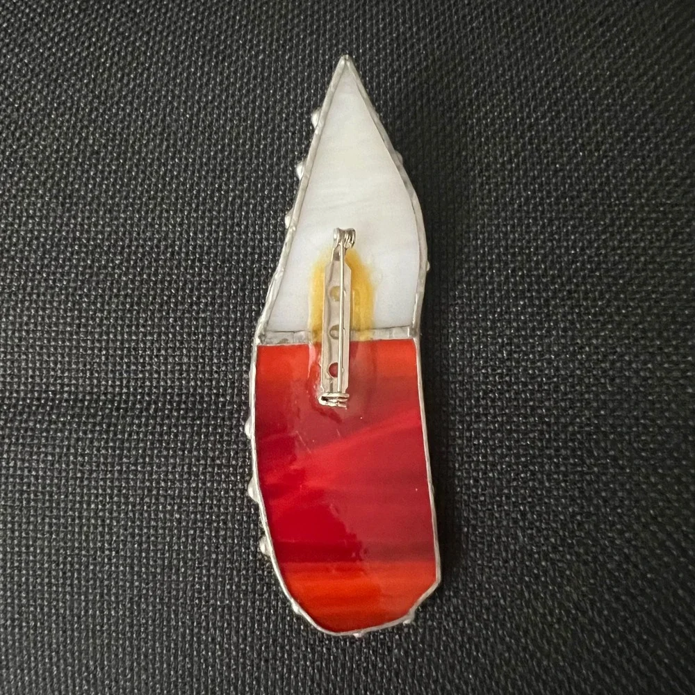 Handmade Stained Glass Brooch Pin Red White Abstract Geometric 3